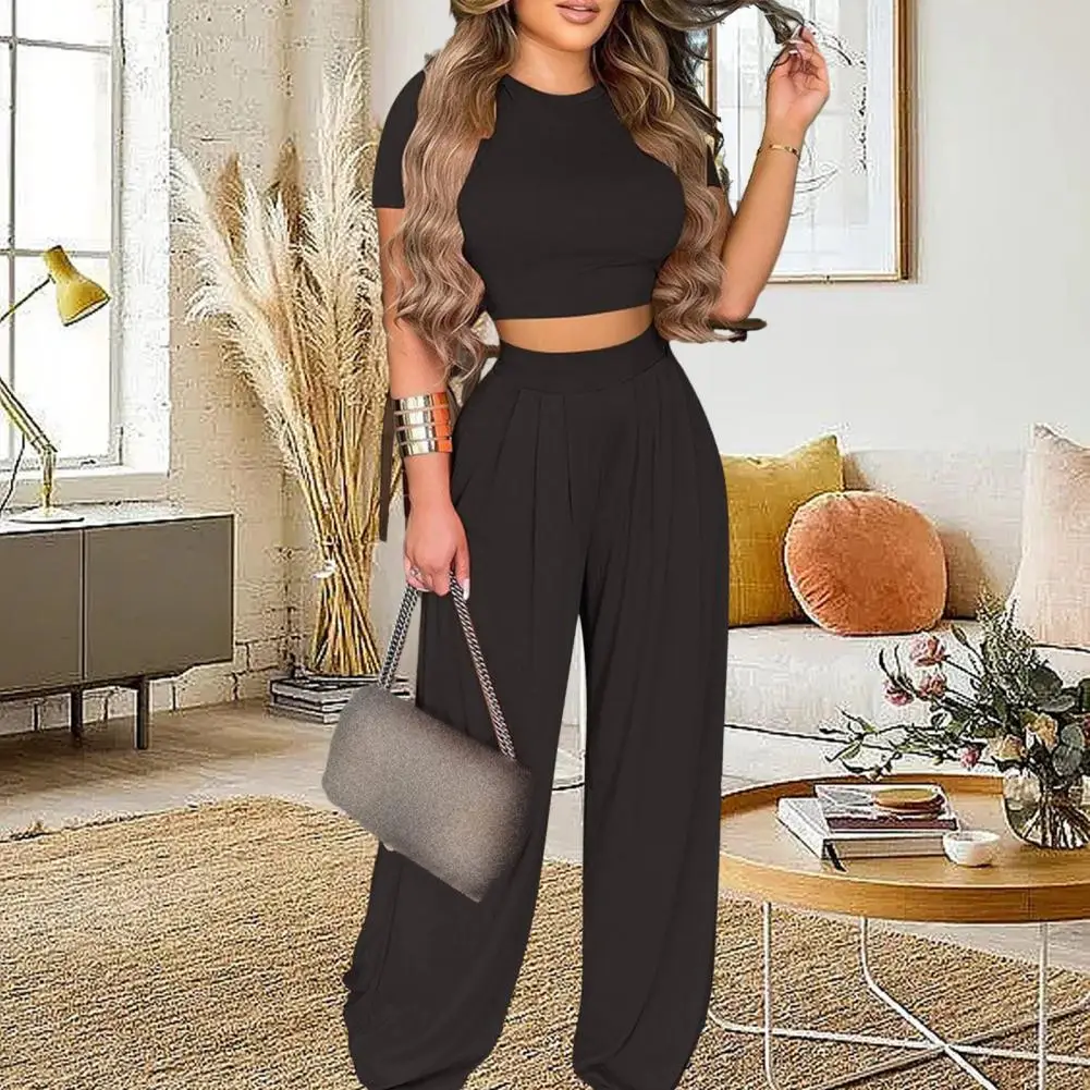 

Summer Outfit 3D Cutting Loungewear Suit Breathable Activewear Stylish Crop Top Straight Wide Leg Pants Set