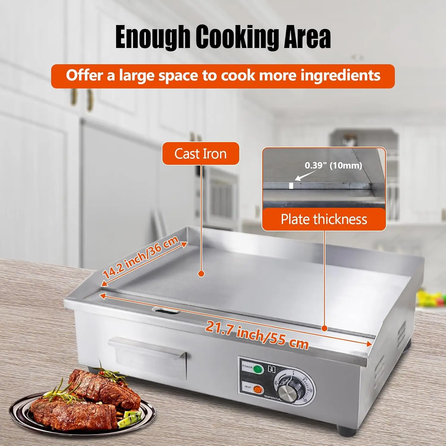Electric Griddle,Electric Countertop Flat Top Griddle,110V 1600W Electric Flat Top Grill,Non-Stick Restaurant Teppanyaki Stainle 3