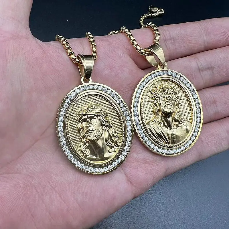Hip Hop Bling Iced Out Color Oro Stainles Steel Jesus Virgin Mary Saint Pendenti Collane Per Uomo Rapper Christian Jewelry