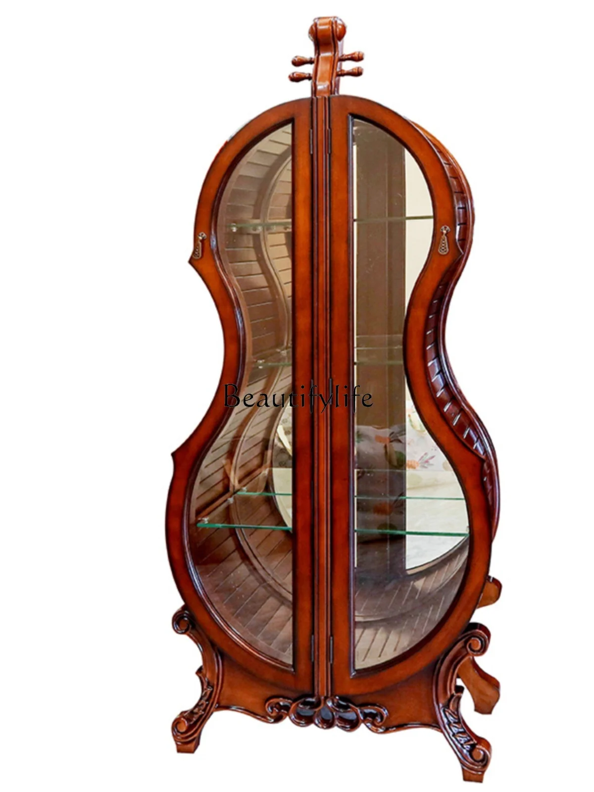 

Violin Wine Cabinet Solid Wood Carved Glass Double Door Living Room Display Cabinet American Light Luxury Ornaments