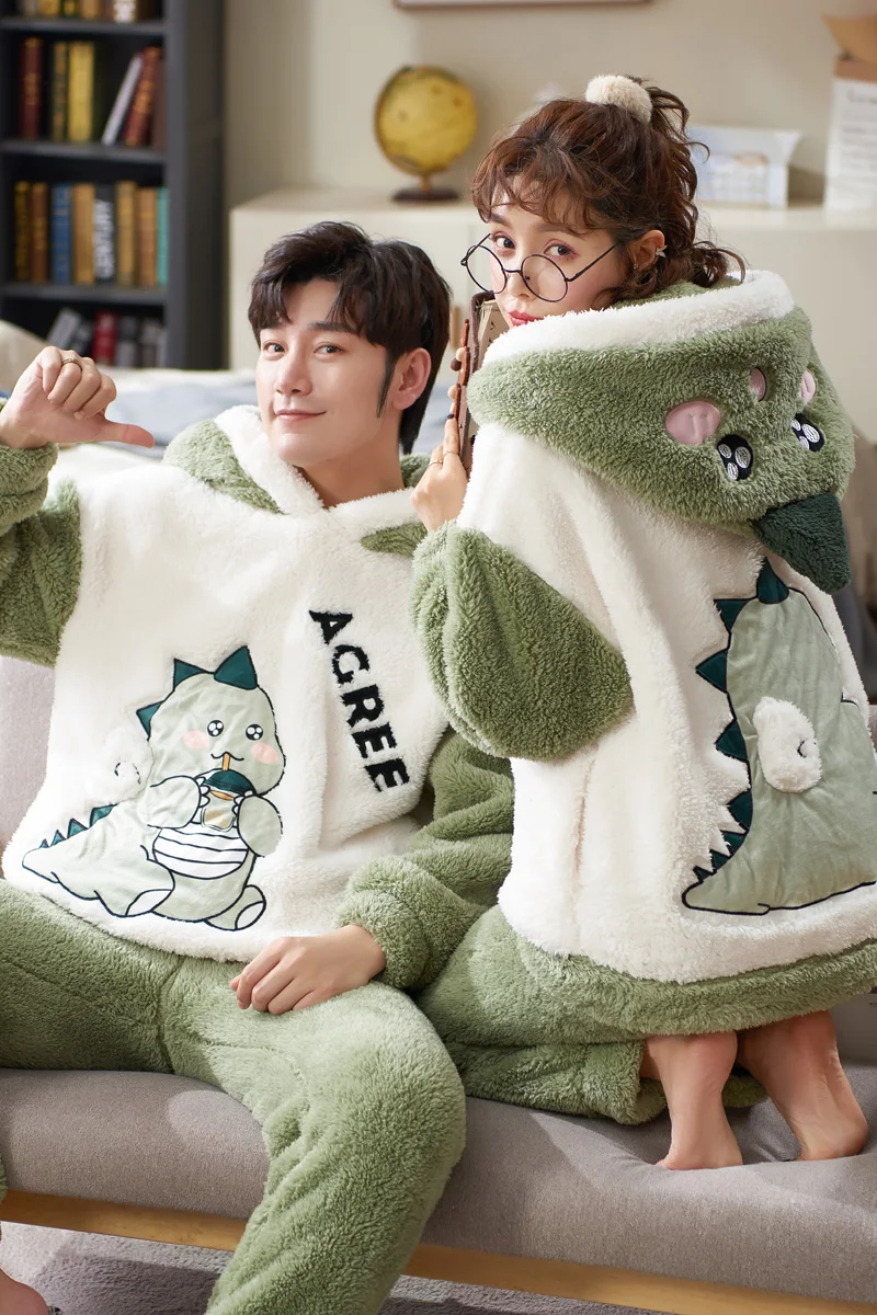 Winter Pajamas Coral Fleece Homewear Pijama Men Thick Velvet Soft Set Flannel Pyjamas Dinosaur Sleepwear Sleep Lounge Clothes