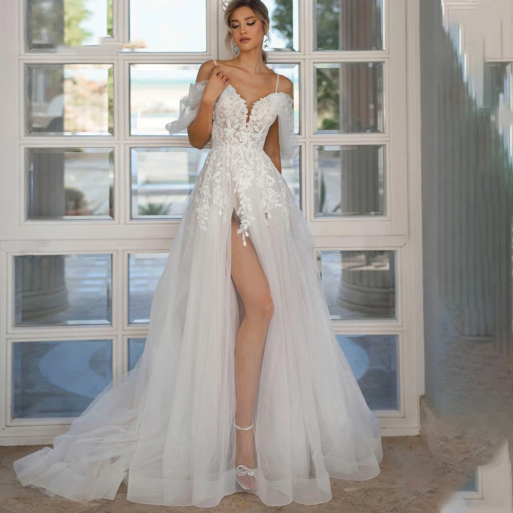 

2023 Women's Sexy Wedding Dresses Italian Noodle Shoulder Strap Lace Tulle Side Split Bride Gowns Applique Vesido De Noiva Robe