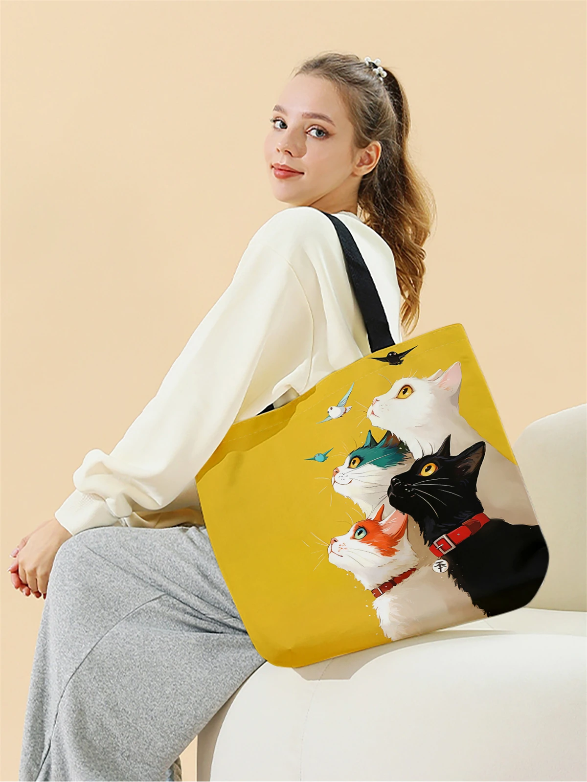 1pc,stacked cat handbag, reusable fashionable handbag, multifunctional handbag, printed canvas shopping bag