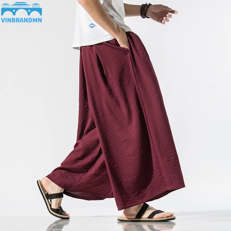 

Vinbrandmn Summer 2021 Plus Size Chinese Style Linen Loose Casual Pants Harem Pants Japanese Cropped Wide-Leg Pants Men's Pants