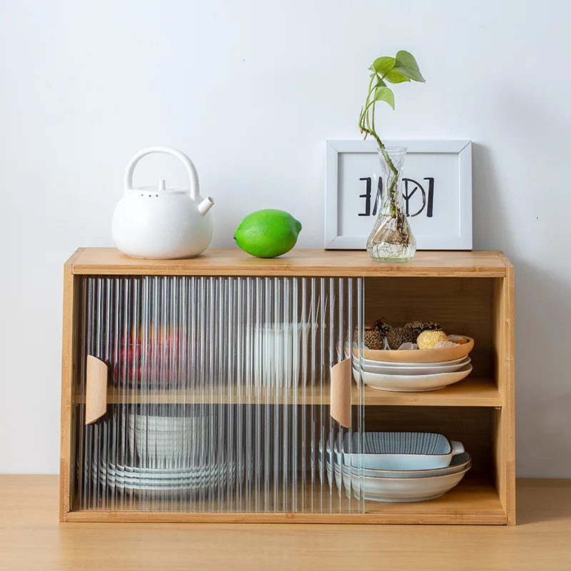 Desktop Sideboard Glass Door Display Kitchen Countertop Cup Storage Rack Household Mini Solid Wood Kitchen Cabinet