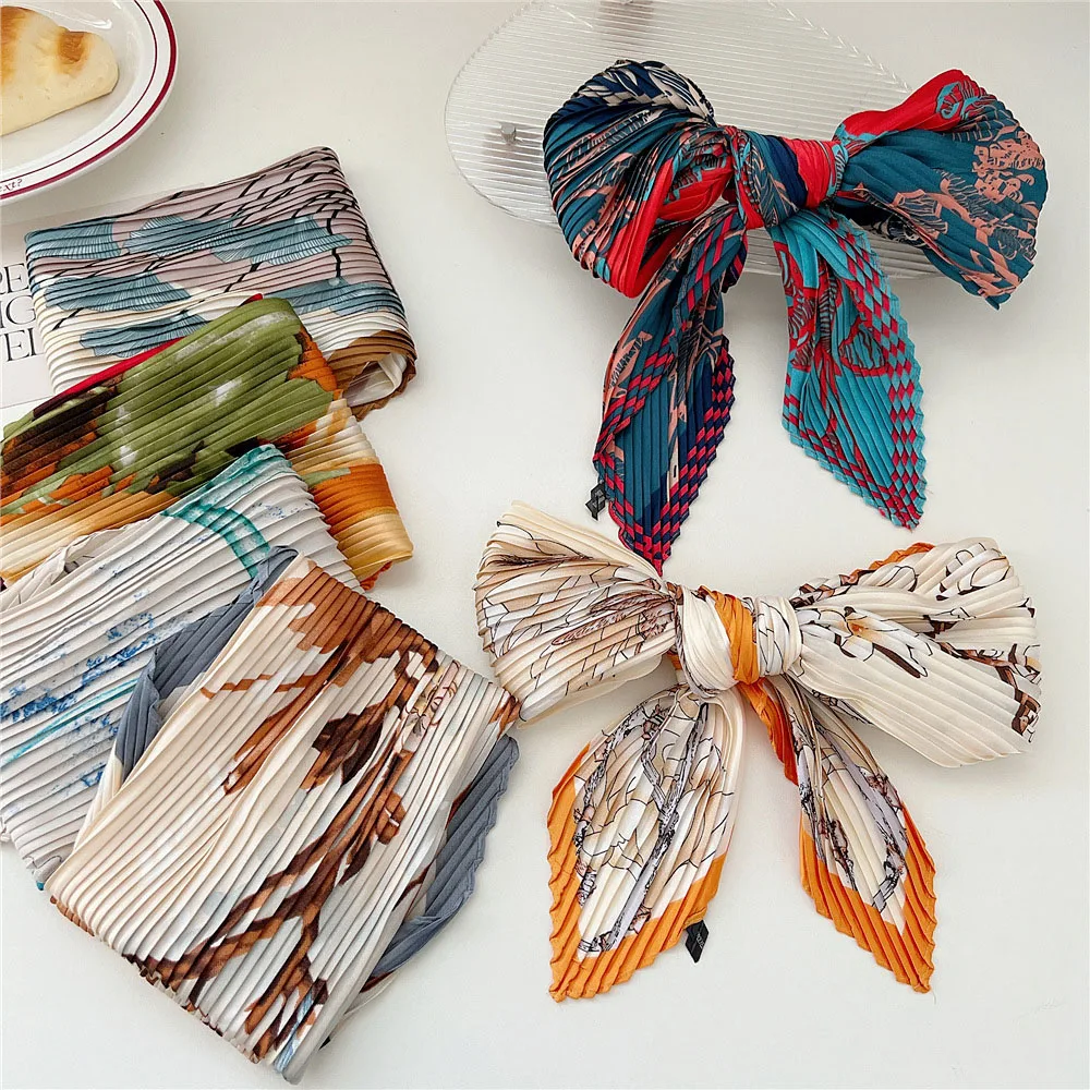 70cm Small Shawl Wraps Fashion Vintage Pleated Silk Neck Scarf Crinkle Square Silky Neck Scarves Peony Flower Print Hair Scarf 3