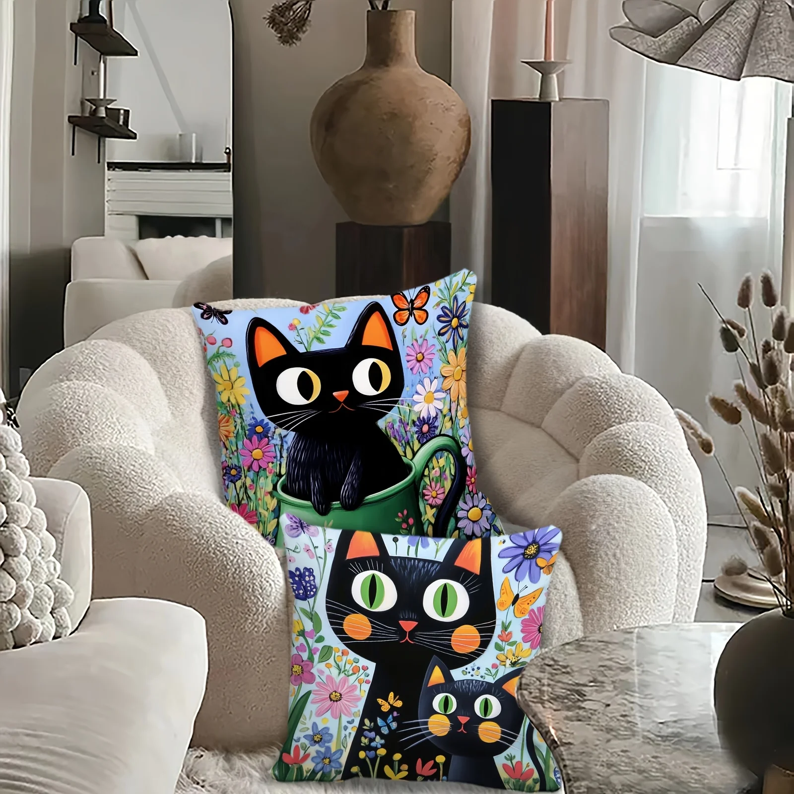 1/4pcs 검은 고양이 테마 꽃 인쇄 베개 커버 소파 쿠션 커버 홈 침실 룸 장식