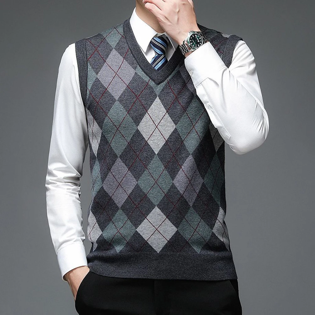 Men\\\'s Casual Plaid Tank Top  Sleeveless Knit Pullover  V Neck Sweater Vest  Khaki/Red/Grey/Navy/Dark gray  M 3XL