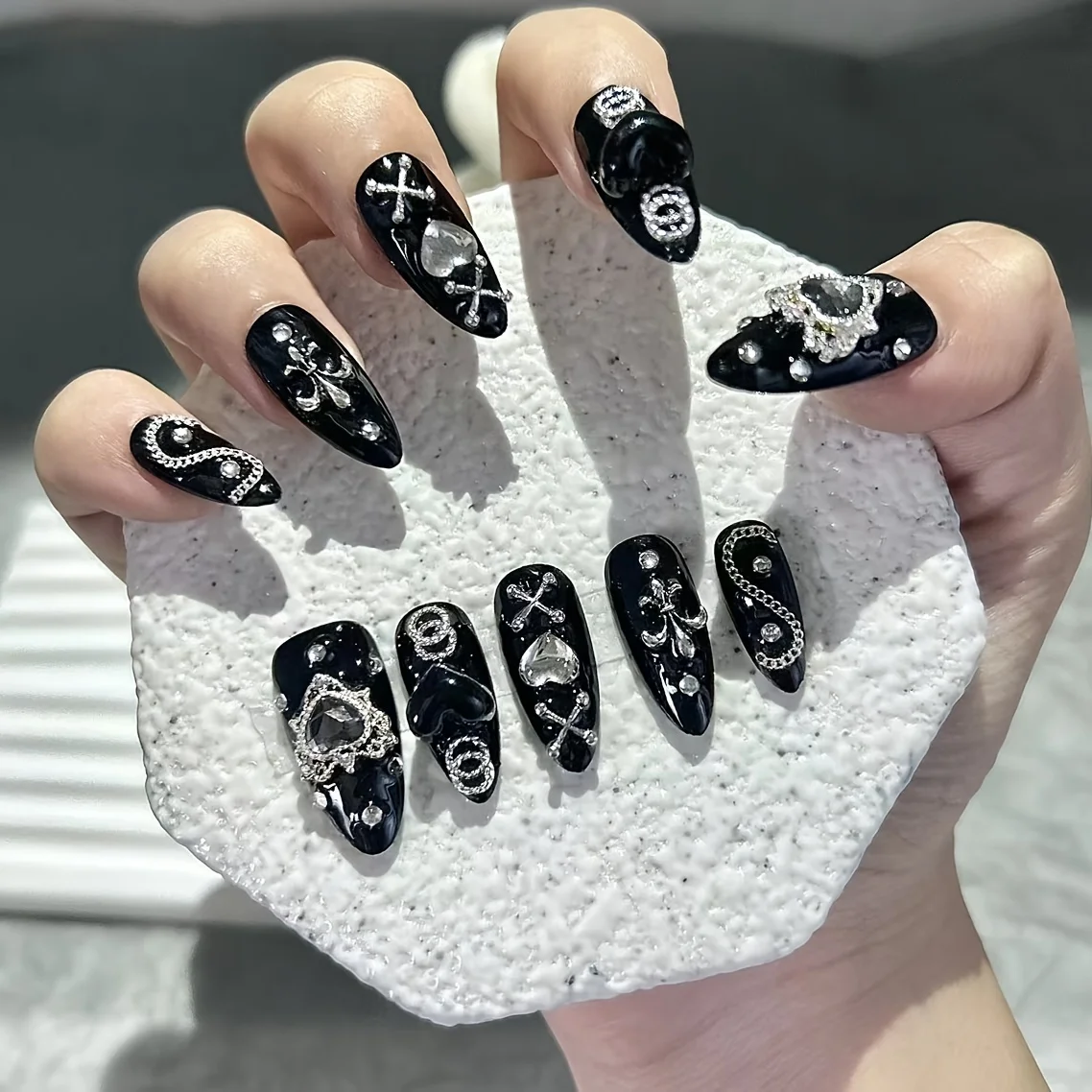 10 pièces à la main porter des ongles série Dark Mine foncé épicé fille Style Patch pour ongles noir Nail Art fini faux ongles - AliExpress