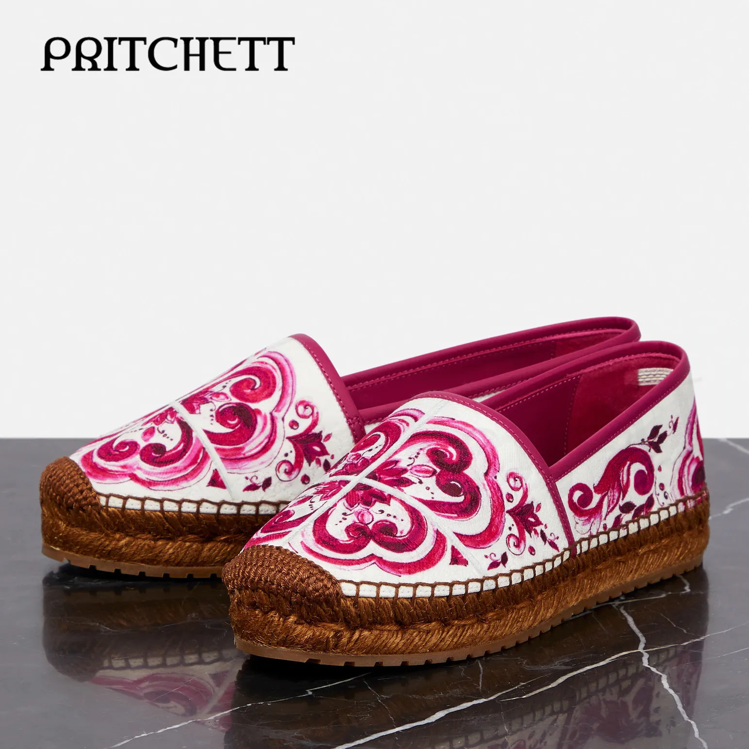 Red Blue and White Porcelain Espadrilles Round Toe Color Matching Slip-On Shallow Mouth Casual Shoes Comfortable Women's Shoes