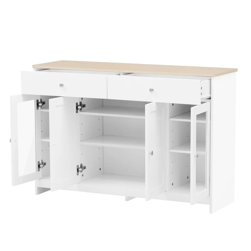 White Cabinet For Storing Bedroom, Wood Veneer Sideboard, Four Doors, Two Drawers, And Glass Doors For Living Room Dining Room. – Detail 9