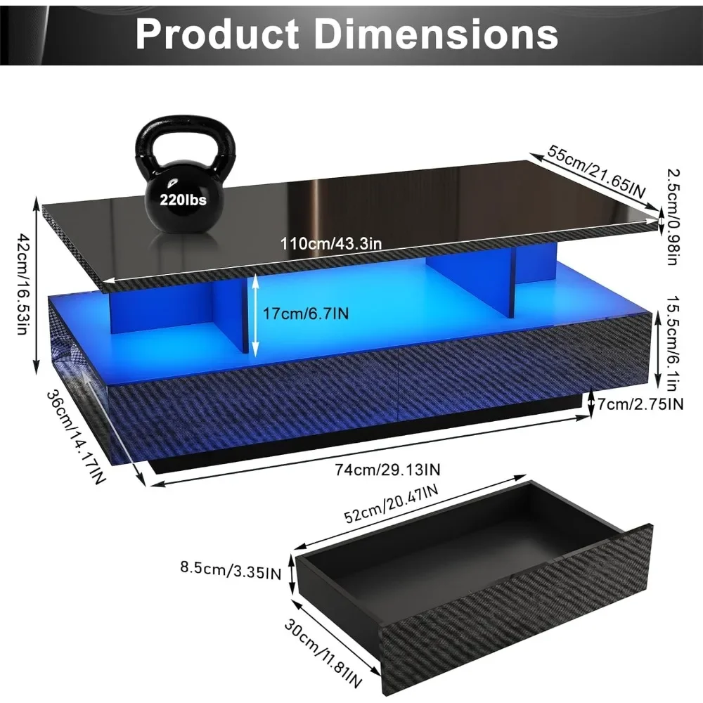 LED Coffee Table W/ 2 Storage Drawers, High Glossy Coffee Tables W/60,000-Color Lights, Rectangle 2-Tier Center Table W/Shelf 2