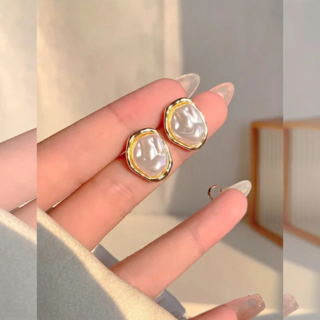 Geometric Irregular Round Metal Pearl Earrings for Women 2024 Minimalist Style Personality Earrings Trendy Jewelry Gift 6