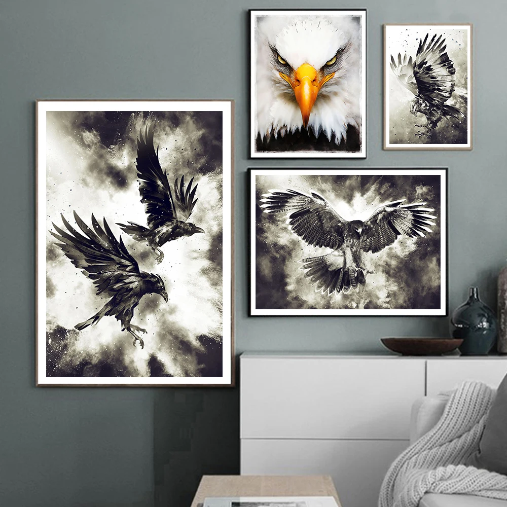 

Nordic Animals Ravens Eagle Wall Art Canvas Painting Soaring Eagle Posters and Prints Modern Pictures for Living Room Home Decor