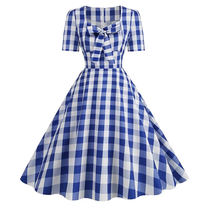 Women Elegant Vintage Plaid Polka Dot Dresses Square Collar Short Sleeve Casual Summer Party Dress 3