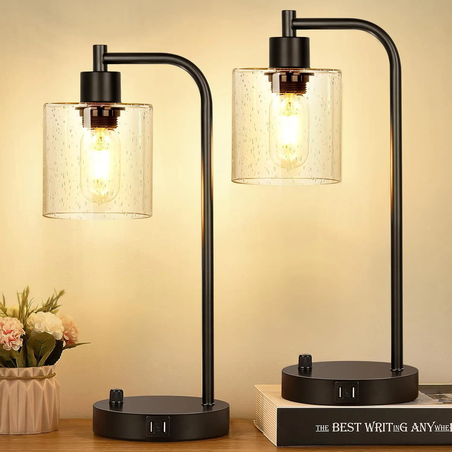 

Glass Shade Table Lamp Set of 2 Industrial Table Lamps with 2 USB Ports Bedroom Nightstand Table Lamp For Living Room Office