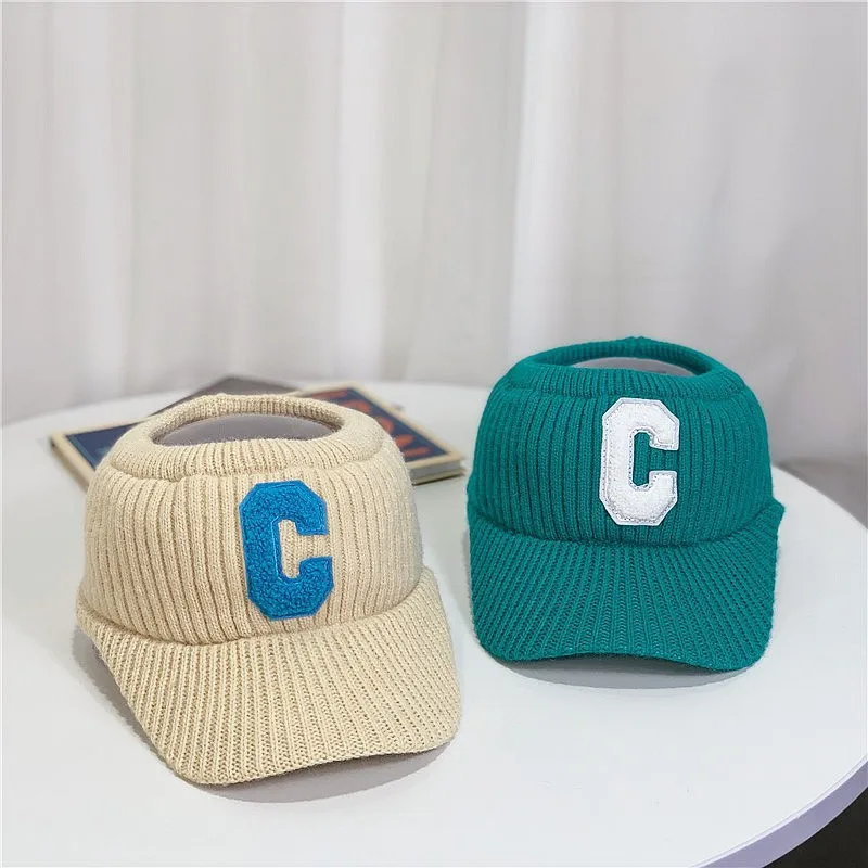 Winter crochet knitted hat Unisex men solid c letter sports hat Women casual thick warm Visor cap Topless hats gorros 5