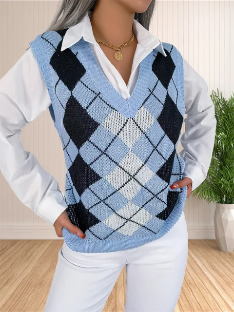 Womens Sweaters Argyle V Ausschnitt Crop Pullover Kurzer