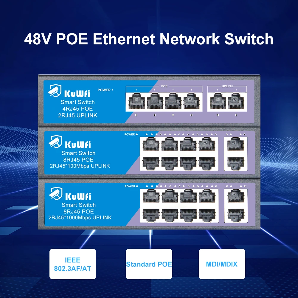 Vista angular do comutador Ethernet PoE de 4/8 Portas