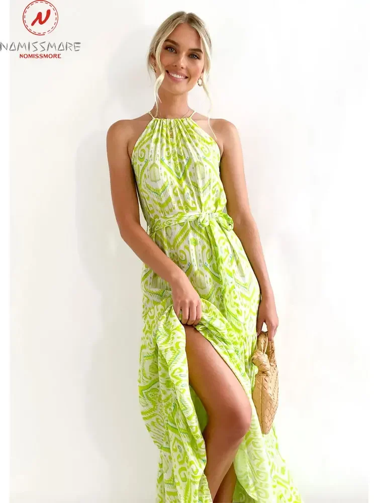 

Bohemian Style Women Summer Print A-Line Dress Patchwork Design Belt Decor Halter Sleeveless High Waist Slim Long Dress