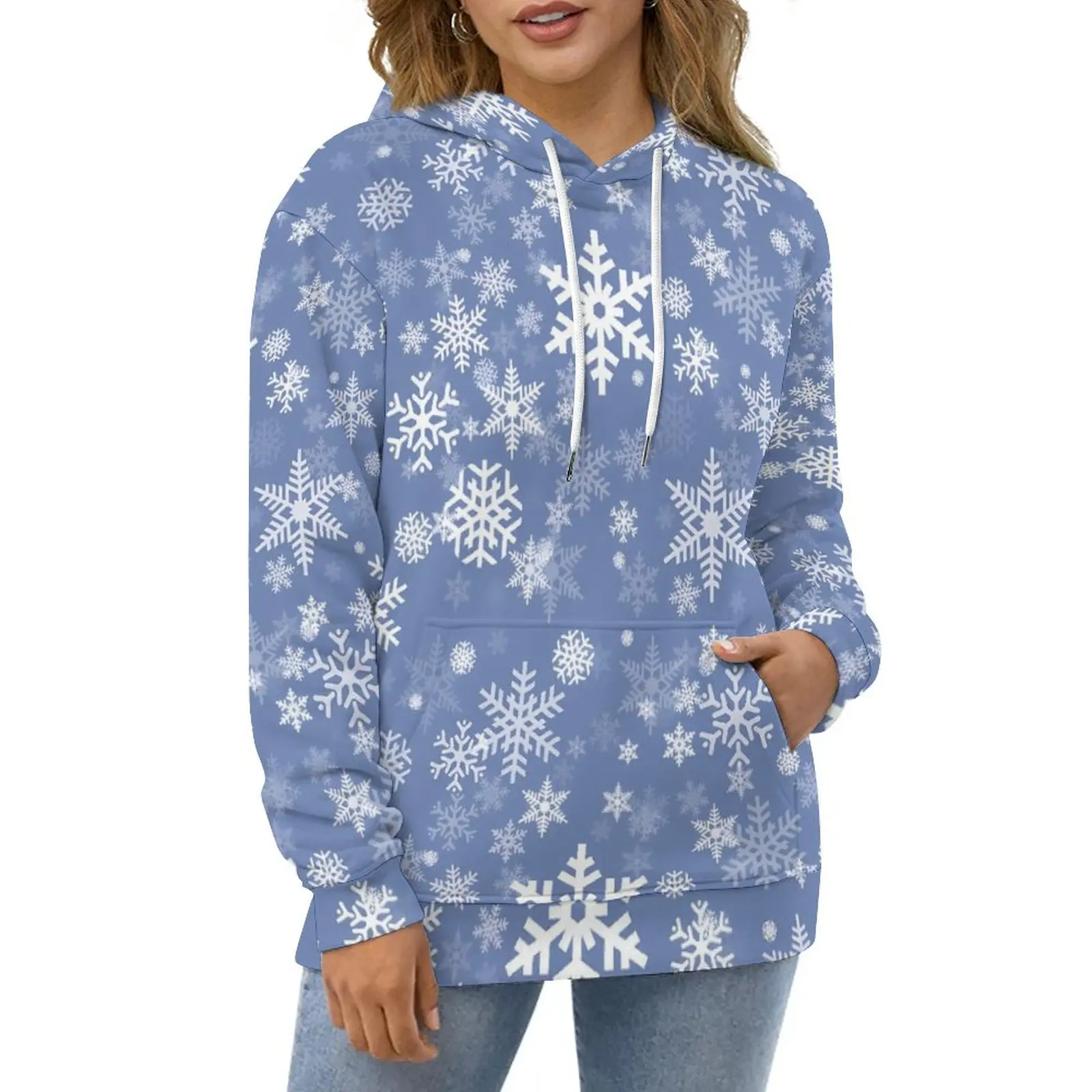 

White Snowflake Casual Hoodies Christmas Print Y2k Hoodie Female Long Sleeve Korean Fashion Graphic Loose Oversized Sweatshirts