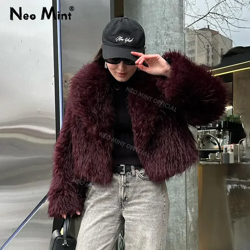 Neo Mint Iconic Blogger Fashion Burgundy Faux Fur Coat Women 2024