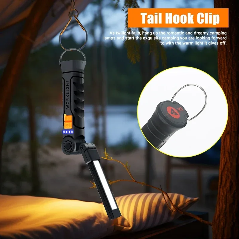 Portable COB LED Work Light - USB Rechargeable Magnetic Base Flashlight with Hanging Hook, Camping & Emergency Torch (800mAh)