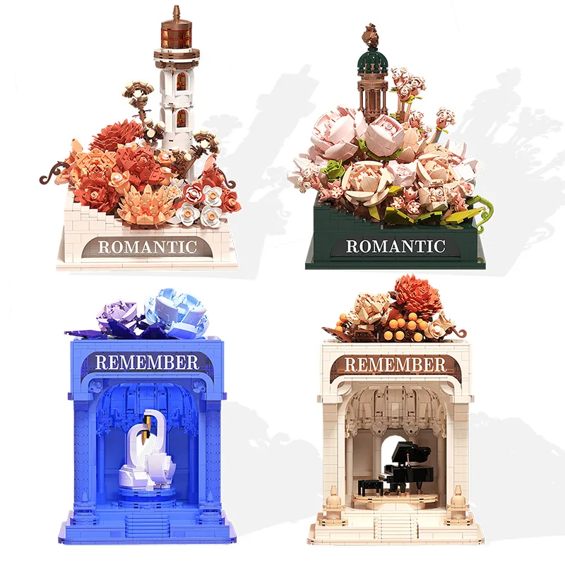 

Creative Street View Remember Stele Pavilion Mini Block Streetscape Flower Romantic Lighthouse Building Brick Toy With Light