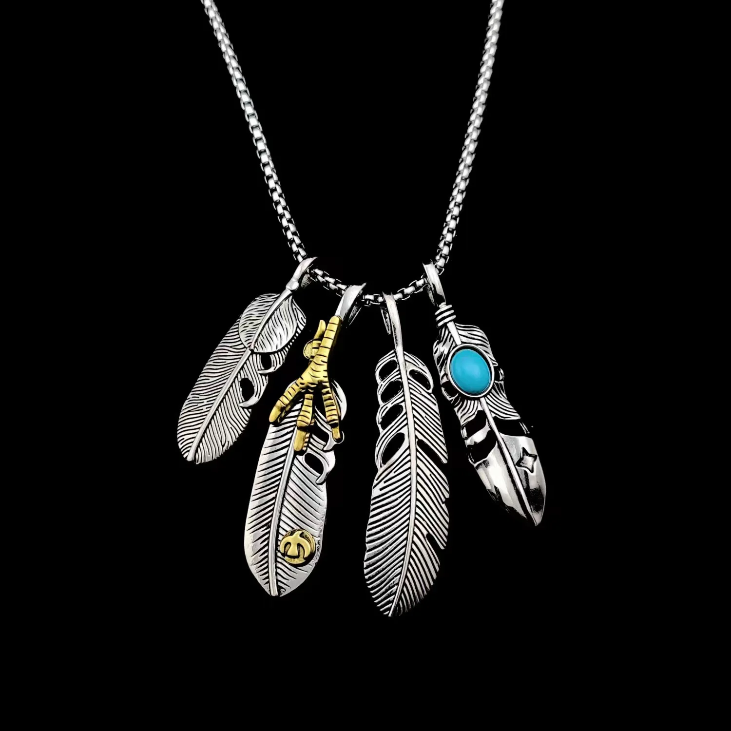 ShinyLongFashionMetalEagleClawFeatherPendantNecklaceforMen