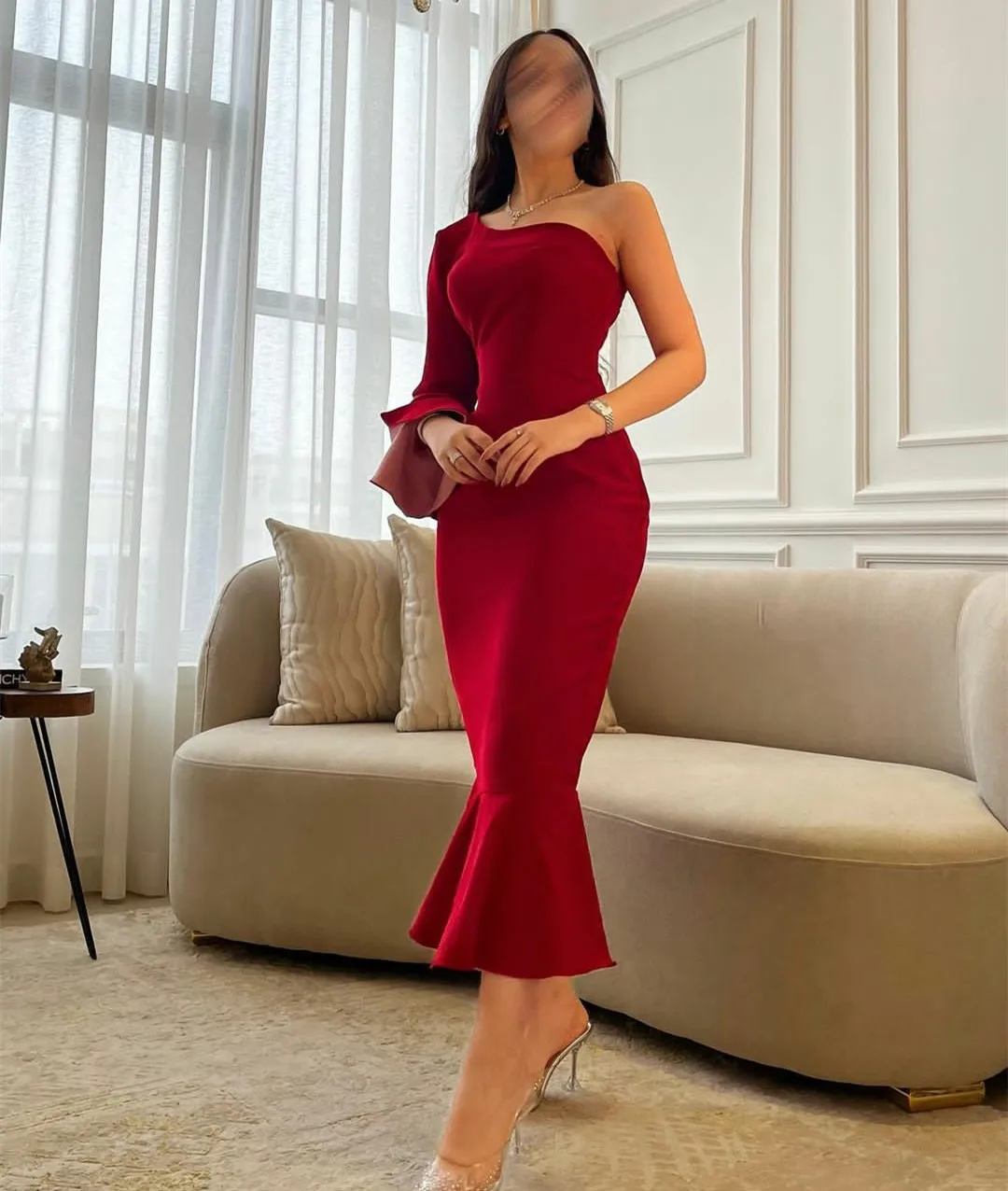 

Elegant Short One Shoulder Crepe Evening Dresses Sheath Red Ruffled Tea Length فساتين السهرة for Women