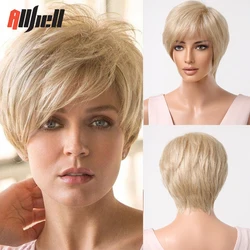 Short Blonde 613 Pixie Cut Synthetic Wigs for Women Light Golden Straight Hair With Bangs 30% Human Blend Hair for Afro African