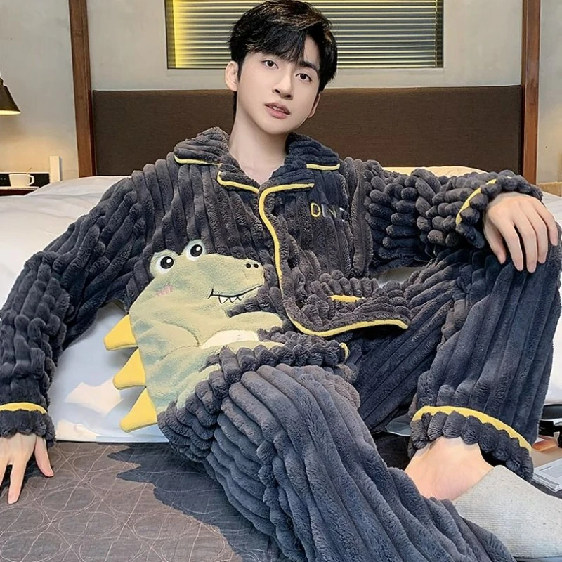 Men Coral Velvet Pajamas Winter Men Fleece-lined Thickened Thermal Flannel Homewear Youth Cartoon Casual Nightclothes Suit 2024