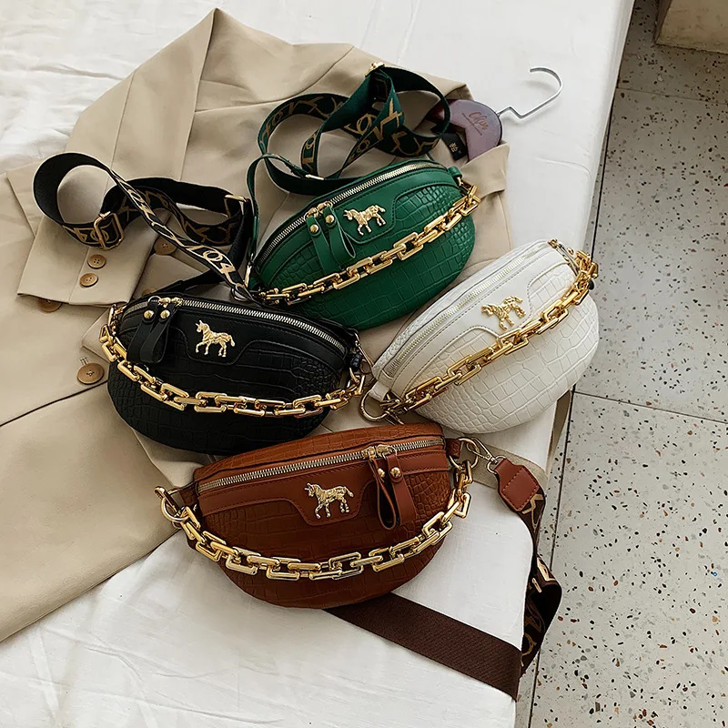 Women Waist Bag Fashionable Luxury Niche PU Leather Crocodile Pattern Single Chain Zipper for Commuting