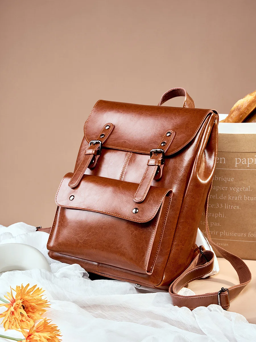 Genuine leather Backpack Women's wear-resistant cowhine computer Knapsack College style 14 