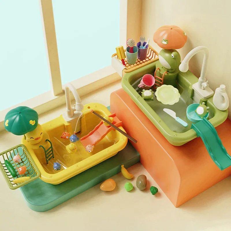 Kid Play Kitchen Sink Taps Toys Running Water Plastic for Toddler Electric Dishwasher Playing Toy Faucet Dishes Playset for Girl