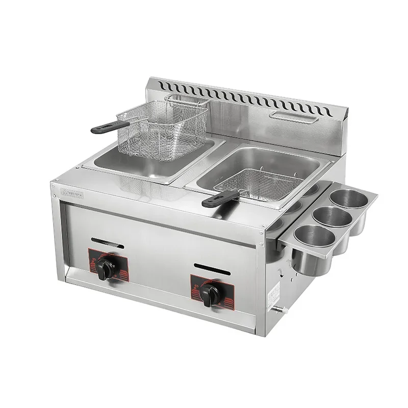Stainless Steel French Fries Machine 2 Tanks 2 Baskets Commercial Potato Chip Fryer Gas Deep Fryer 2