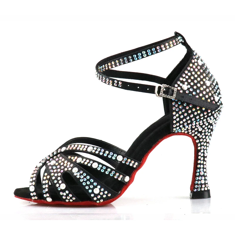 Latin Dance Shoes with Rhinestones for Women, Soft Bottom, Salsa Shoes for Dancing, Ladies Sandals, Wedding High Heels, 7.5cm 4