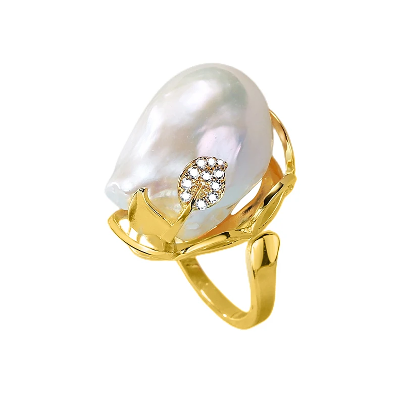 MULICHEN 12-14mm Freshwater Pearl Ring For Women Fashion Flower Shape Jewelry Gold Plated Inlaid Zircon Ring Free Shipping