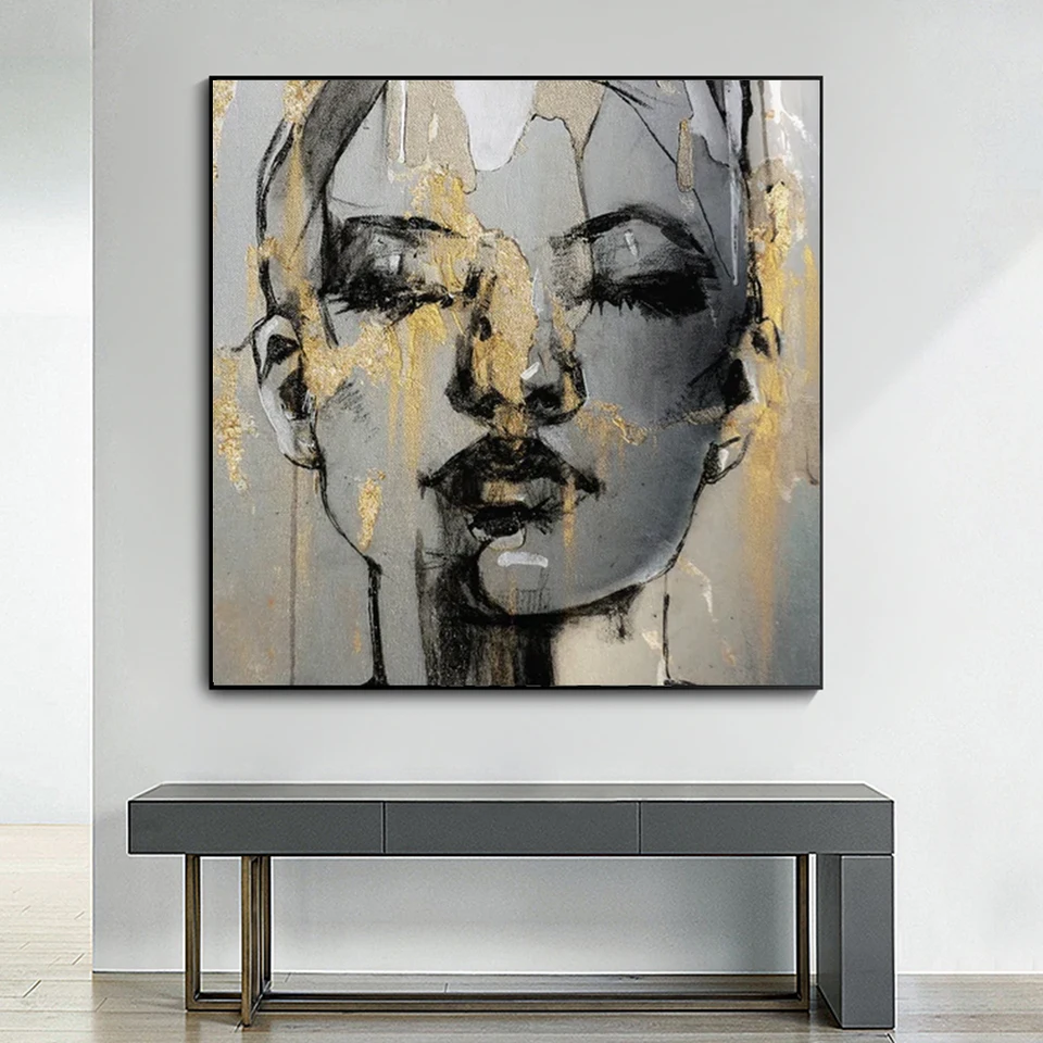 Cuadro de pintura con estilo de tinta en blanco y negro, línea dorada,  abstractos y modernos, impresos en lienzo, cuadro decorativo de 72 x 36
