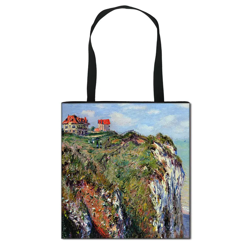 Vintage Painting Water Lily / Lotus Print Totes Bag Monet Women Handbag Ladies Canvas Travel Shoulder Bag Portable Shopping Bags 