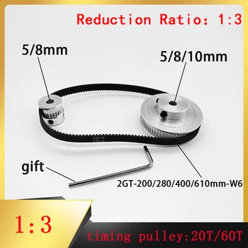 GT2 2M 톱니 1:3 감속비, 3D 프린터 부품 폭 6mm 동기 휠 벨트, 200mm, 280mm, 400mm, 610mm, 5mm, 8mm, 10mm 조리개, 20mm, 60 개 톱니