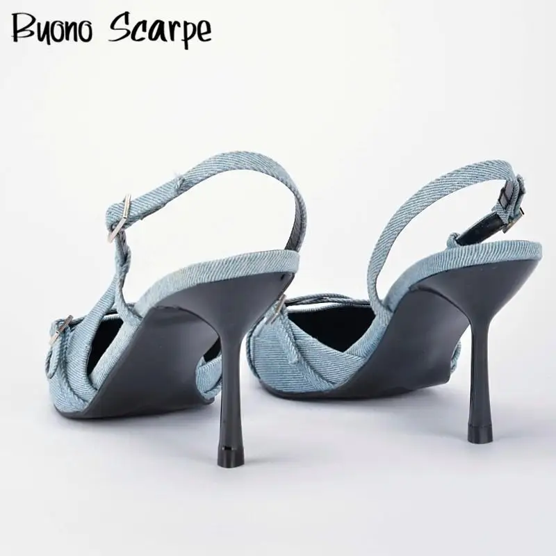 Luxury Brand Designer Women Sandals Pointed Toe Thin High Heel Buckle Strap Denim Mules Sexy Party Single Shoes Female All Match