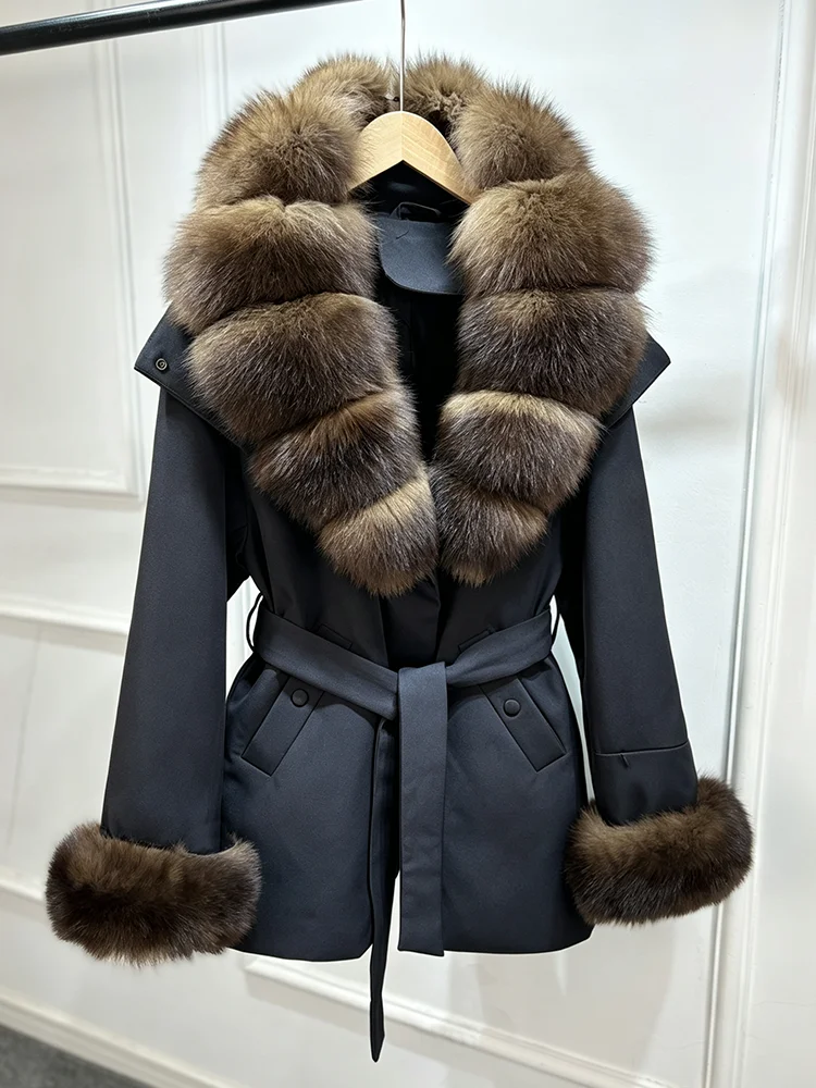 Janveny Luxury Women's Winter Down Jacket 2026 New Large Natural Real Fox Fur Cuff 90% White Duck Down Coat Female Feather Parka