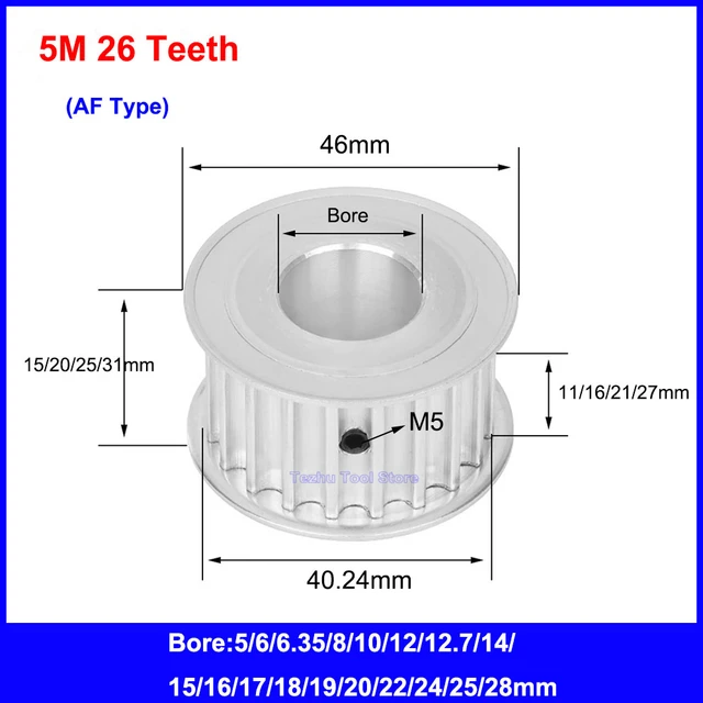 HTD5M Timing Pulley 16 - 20 - 26 teeth