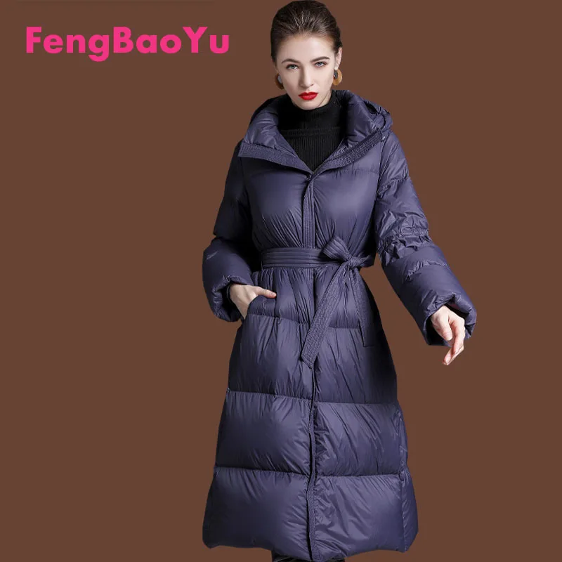 

Fengbaoyu Winter White Duck Hooded Down Jacket Women's Long Fashion High-end Loose Thick Lace-up Coat Outdoor Mountaineering