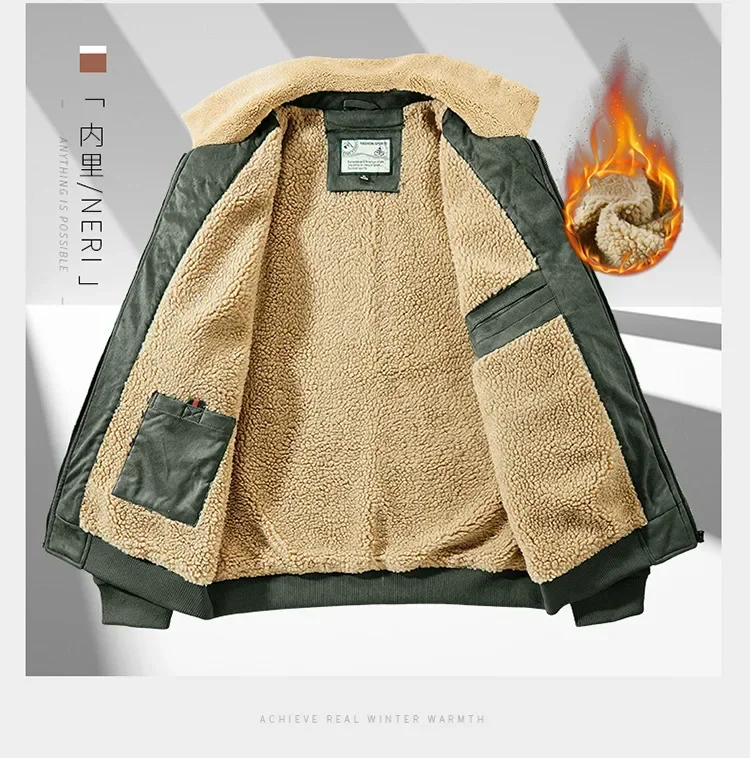 Description Picture 6 of itemAutumn Winter Men's Suede Parkas Jacket Plus Fleece Warm Thick Parkas Jacket Youth Men Vintage Loose Lapel Tooling Windproof Top