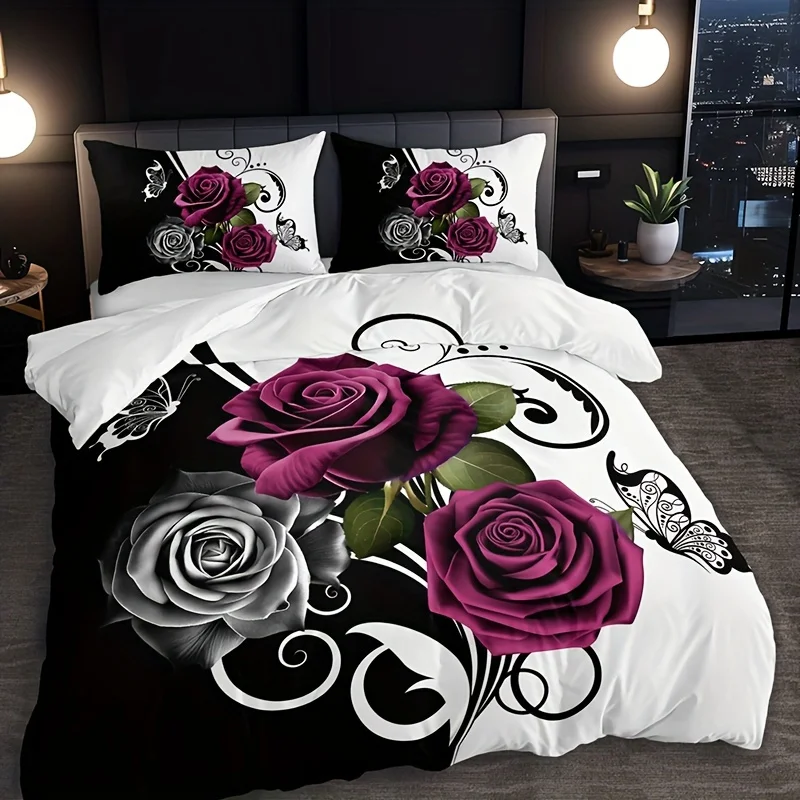 3PCS Rose and Butterfly Floral Duvet Cover Set - 100% Polyester,  Breathable Bedding with 1 Duvet Cover and 2 Pillowcases