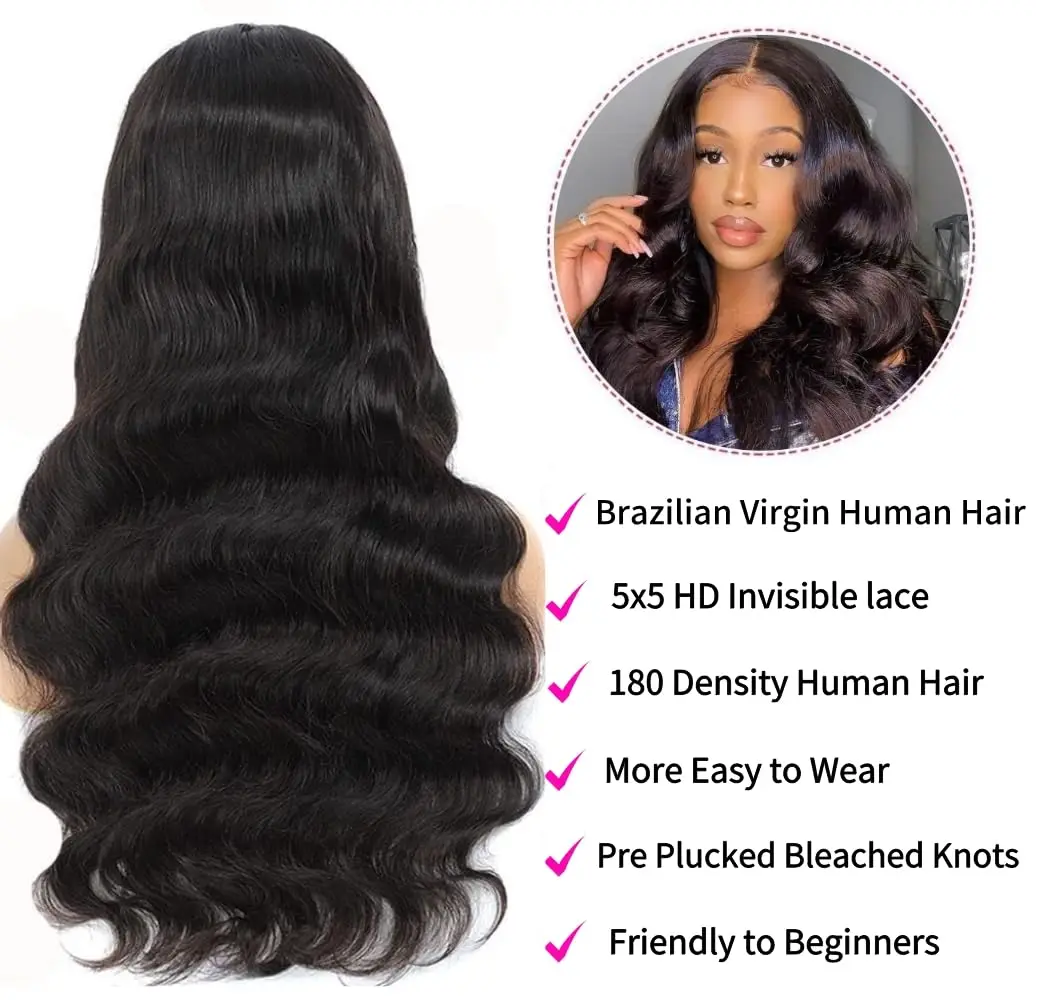 Wear and Go Glueless Wigs Human Hair Body Wave 200% Density 5X5 HD Pre Cut Lace Closure Wigs for Women Pre Plucked Airy Cap