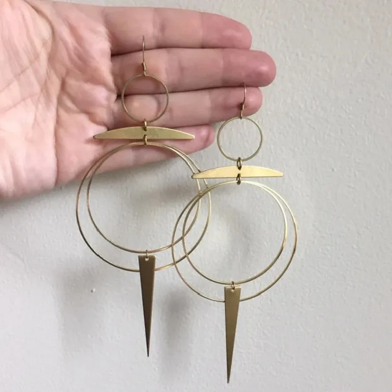 Golden Color Goddess Hoop Earrings Drop Geometric Crescent Phase Hippie Statement Witchy Jewelry Fashion Gorgeous Women Gift New hoop earrings,drop earrings,geometric earrings,golden earrings