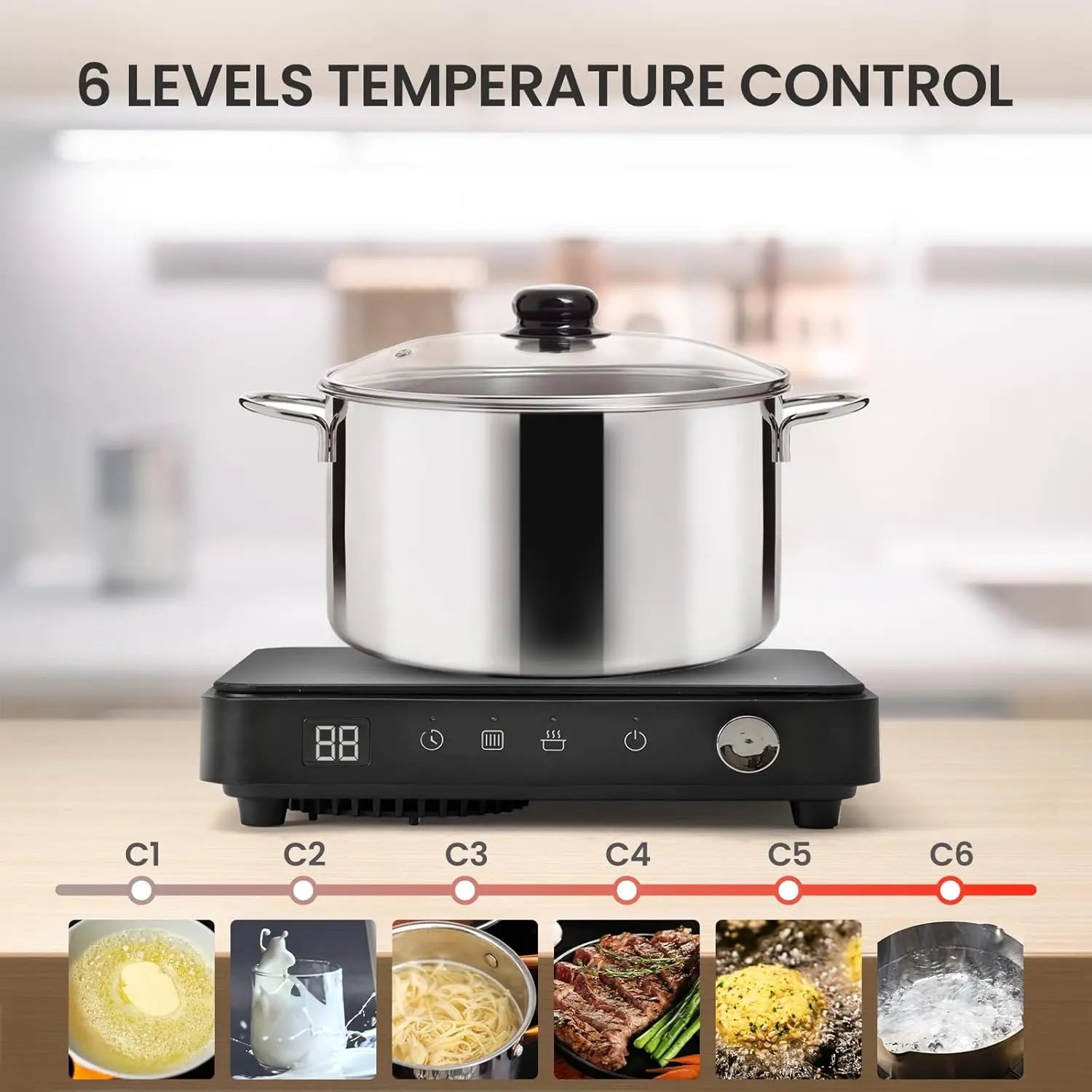 Portable Induction Cooktop 1500W with Grill Pan & Rack, Sensor Touch Hot Plate for Countertop, 6 Temp Levels, Auto Shut-Off